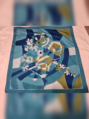 Vintage Style Blue & Green Floral Geometric Square Scarf